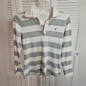 Nautica Y2K Women's Contrast-Collar Polo Long-Sleeve Top White Gray SZ Small
